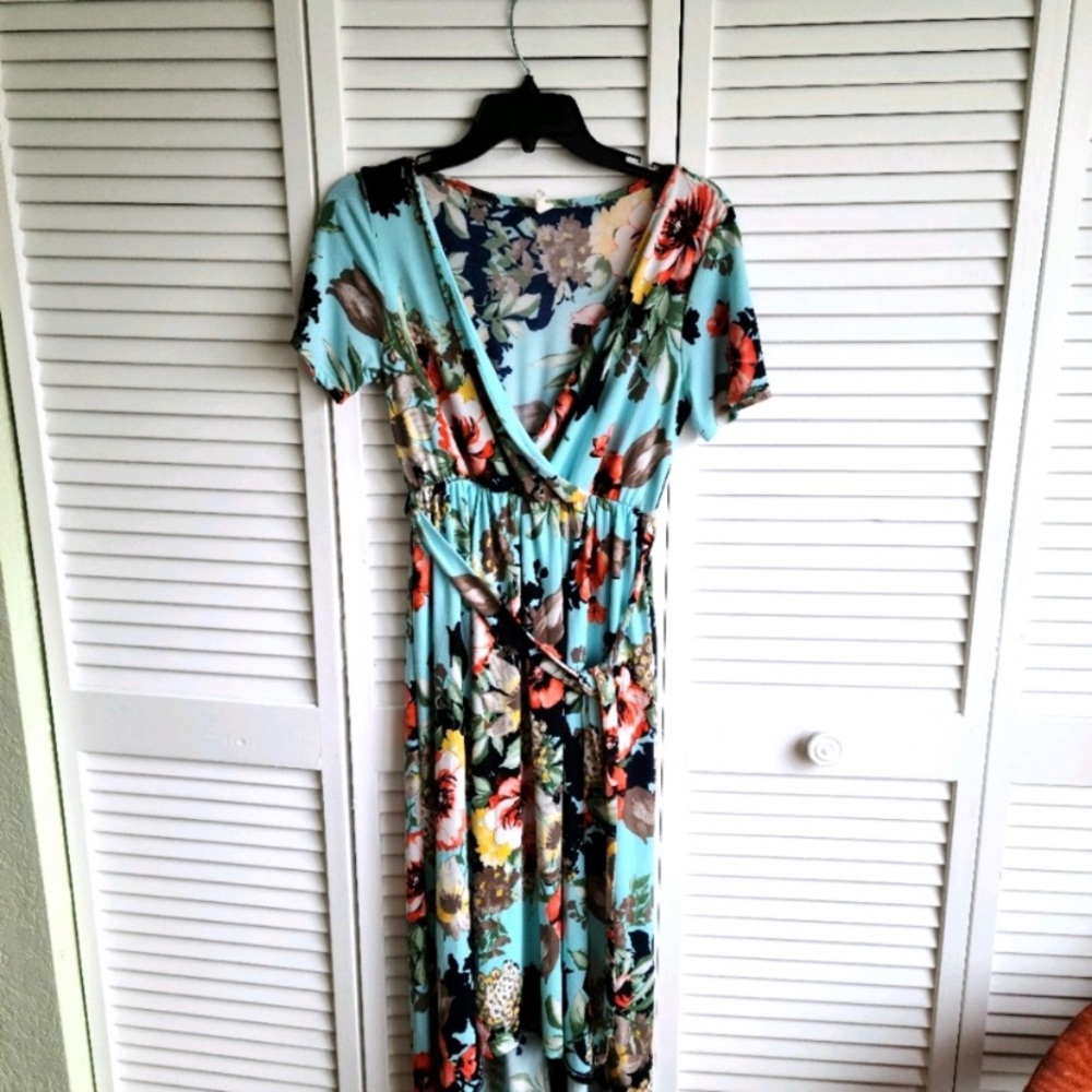 Pink Blush blue floral high low maternity dress